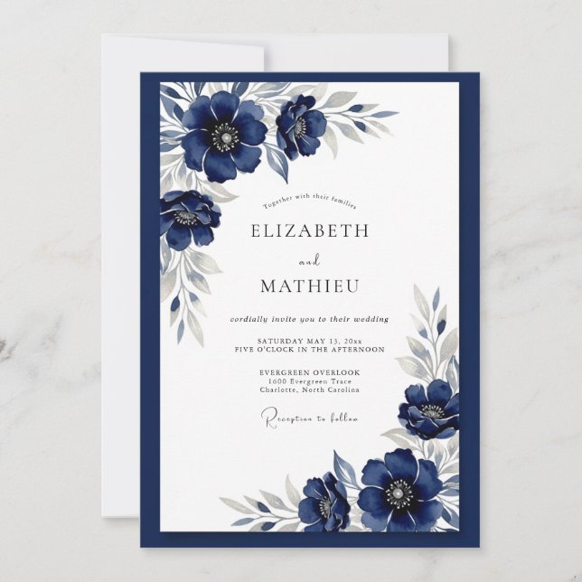 Invitación Boda invernal azul marino helada (Anverso)