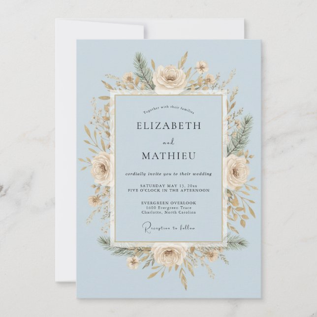 Invitación Boda Invernal con Escarcha Azul Hielo (Anverso)
