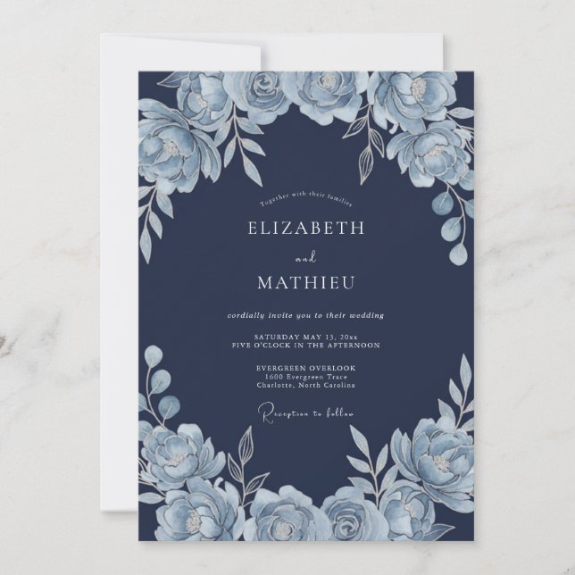 Invitación Boda Invernal con Nieve y Azul Marino (Anverso)