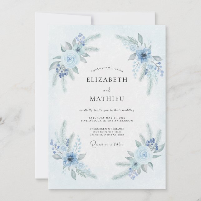 Invitación Boda Invernal Congelada de Azul Pálido (Anverso)