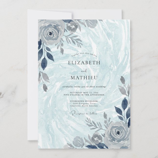 Invitación Boda Invernal Cristalina de Azul Pálido (Anverso)