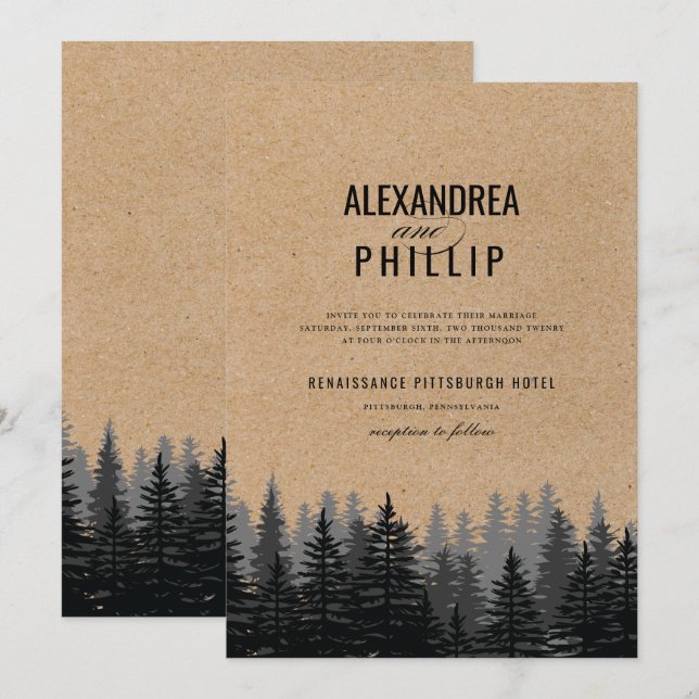 Invitación Boda invernal de pinos rústicos kraft (Anverso / Reverso)