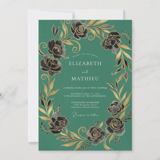 Invitación Boda invernal dorada de verde esmeralda (Anverso)