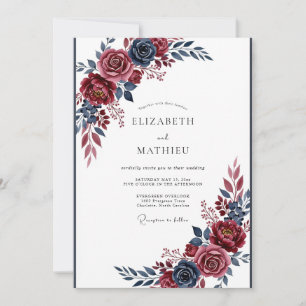 Invitación Boda invernal dramática de Borgoña y Azul Marino