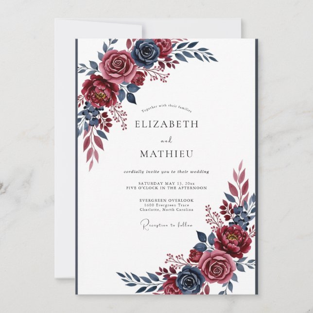 Invitación Boda invernal dramática de Borgoña y Azul Marino (Anverso)
