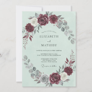 Invitación Boda Invernal Elegante con Menta y Borgoña