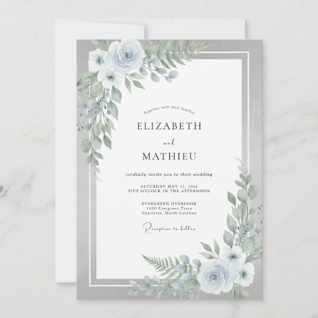 Invitación Boda Invernal Etérea de Azul Pálido (Anverso)