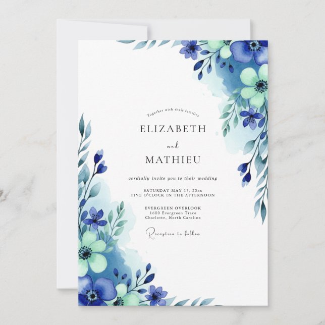 Invitación Boda Invernal Etérea de Azul Real (Anverso)