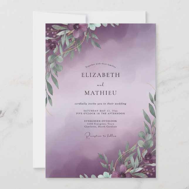 Invitación Boda Invernal Etérea de Ciruela (Anverso)