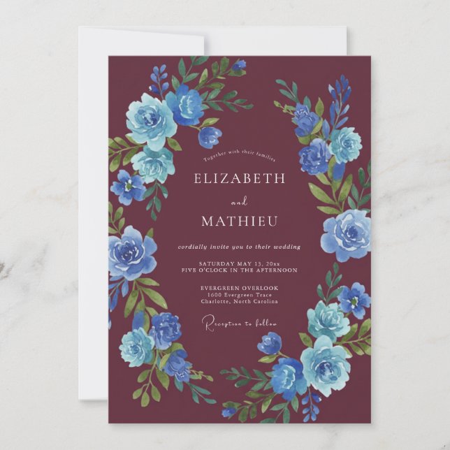 Invitación Boda Invernal Exuberante en Color Granate (Anverso)