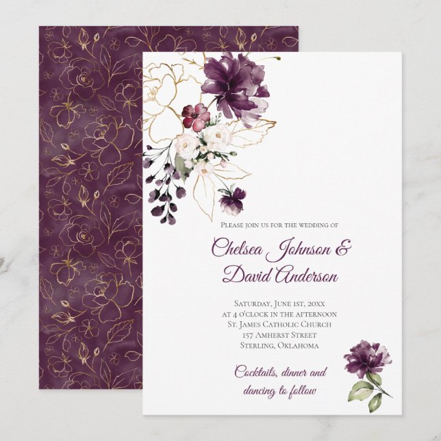 Invitación Boda invernal floral morada oscura y dorada (Anverso / Reverso)