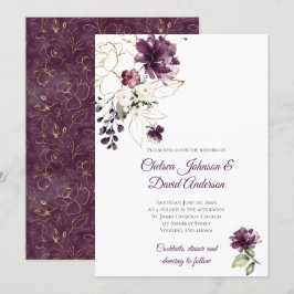 Invitación Boda invernal floral morada oscura y dorada