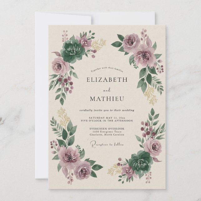 Invitación Boda Invernal Malva Esmeralda Malhumorada (Anverso)