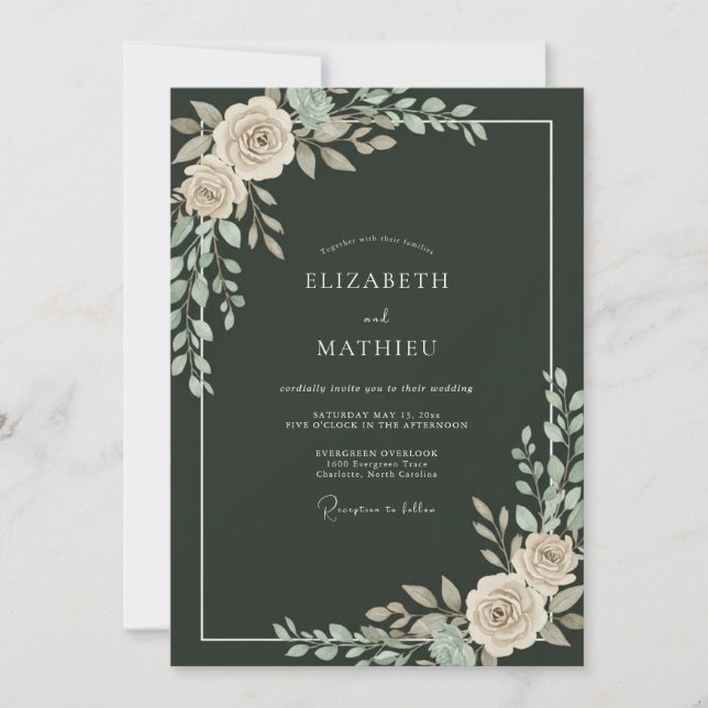 Invitación Boda Invernal Oscuro Verde Prístino (Anverso)