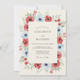 Invitación Boda invernal pictórica de rojo y azul