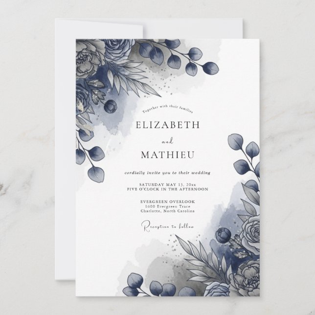 Invitación Boda invernal señorial índigo (Anverso)