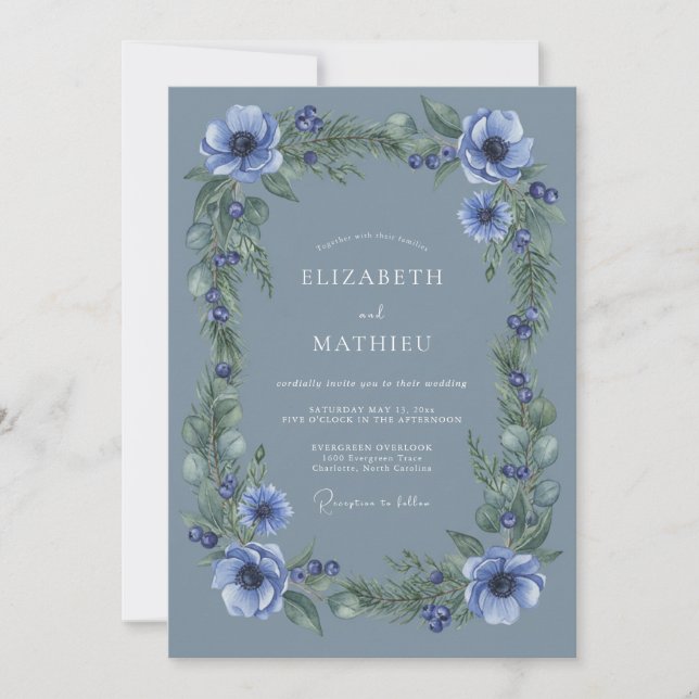 Invitación Boda Invernal Serena de Azul Pizarra (Anverso)