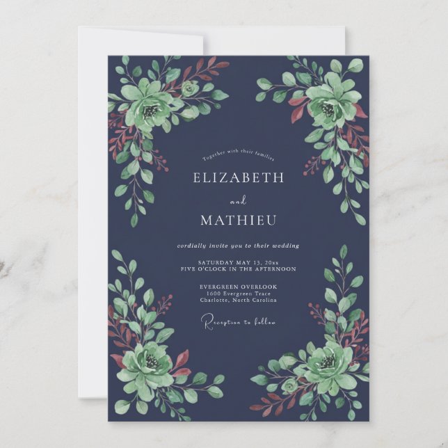 Invitación Boda invernal verde azul marino (Anverso)