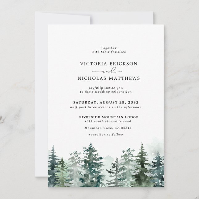 Invitación Boda Invi de Árbol Evergreen de Bosque de Montaña  (Anverso)