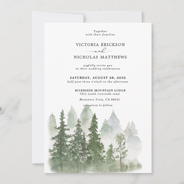 Invitación Boda Invi de Árbol Evergreen de Bosque de Montaña  (Anverso)
