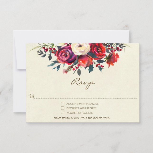 invitación boda invierno RSVP rosas bayas festivo (Anverso)