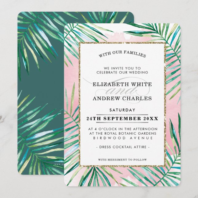 Invitación BODA INVITA moda tropical hojas de palmera de play (Anverso / Reverso)