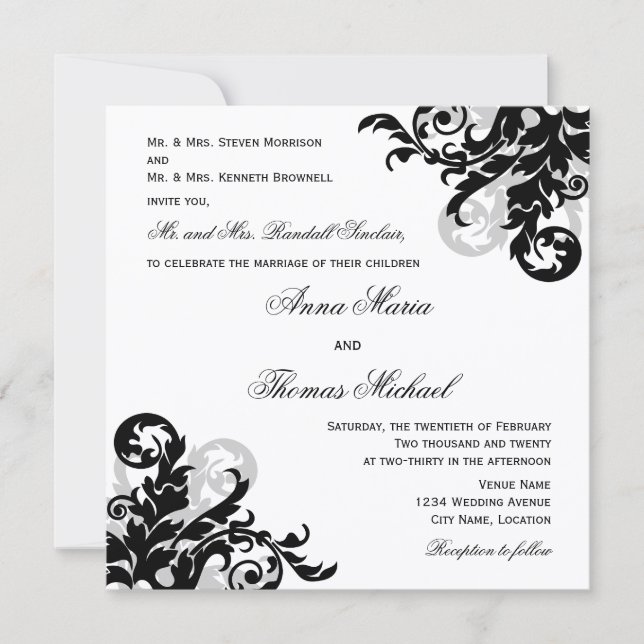 Invitación Boda invitado individual Black Silver Flourier (Anverso)