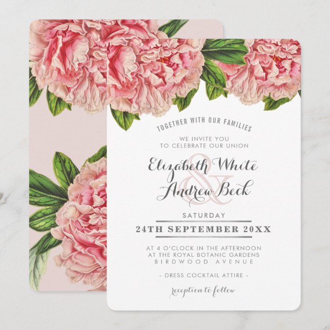Invitación BODA INVITADO moda flores rosadas de peonía floral (Anverso / Reverso)