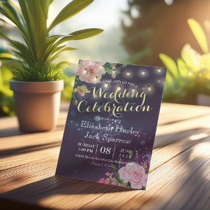 Invitación Boda Invitar Floral String Luces Purple Sparkle