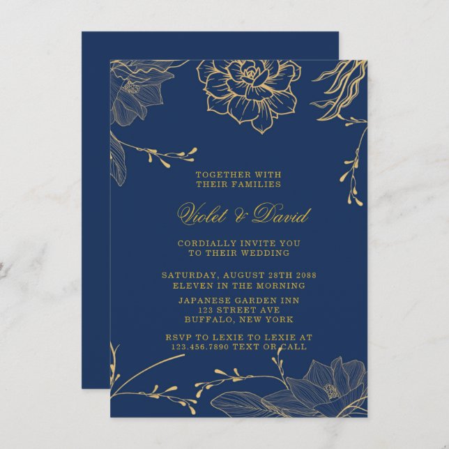 Invitación Boda Invitati de flores azules y doradas de la mar (Anverso / Reverso)