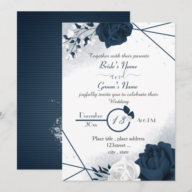 Invitación boda invitati elegante de flores azul marino y bla (Anverso / Reverso)