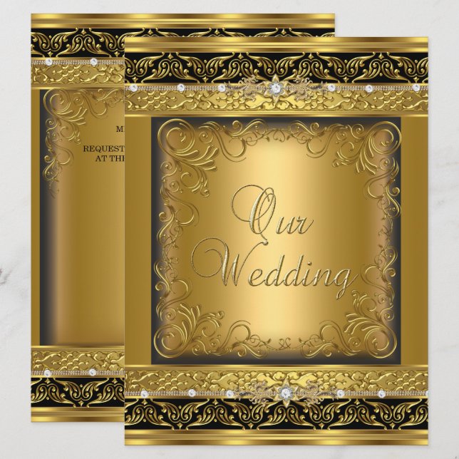 Invitación Boda Invite al oro metálico diamante negro (Anverso / Reverso)