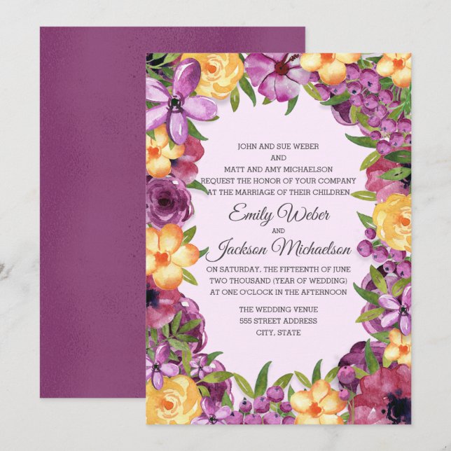 Invitación Boda irlandés de tono de jeta morado amarillo (Anverso / Reverso)