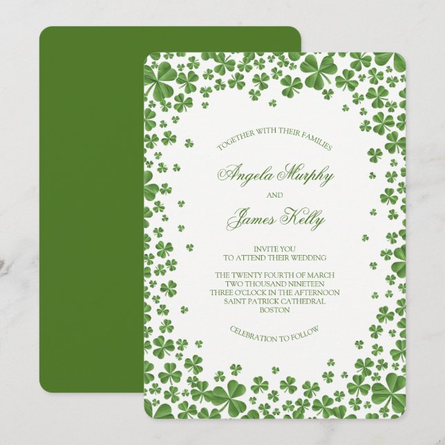 Invitación Boda Irlandés Green Shamrock (Anverso / Reverso)