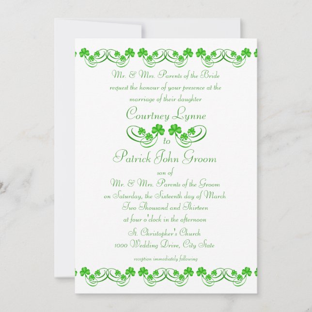 Invitación Boda irlandés Shamrock (Anverso)