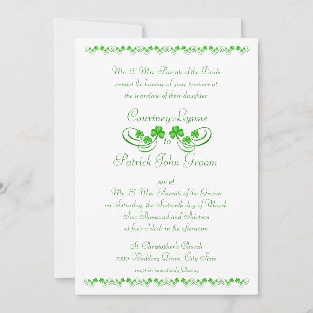 Invitación Boda irlandés Shamrock (Anverso)