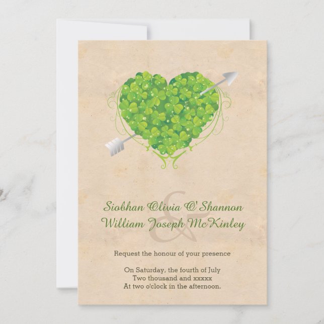 Invitación Boda irlandés Shamrock Heart (Anverso)