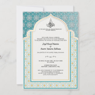 Invitación Boda Islámica Arabesca en Verde Acuático y Blanco