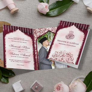 Invitación Boda Islámica Arco Glitter Rosa Rubor Borgoña