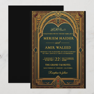 Invitación Boda islámica Art Déco vintage en negro y dorado
