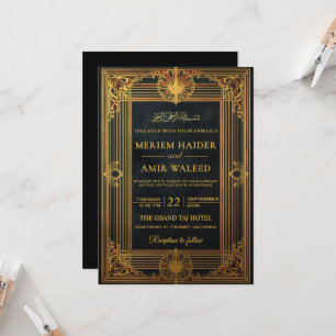 Invitación Boda islámica Art Déco vintage en negro y dorado