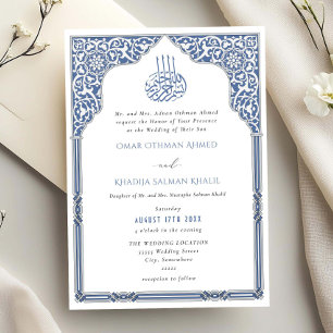 Invitación Boda islámica con arco azul oscuro ornamentado ara