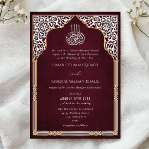 Invitación Boda islámica con arco rojo dorado ornamentado ara