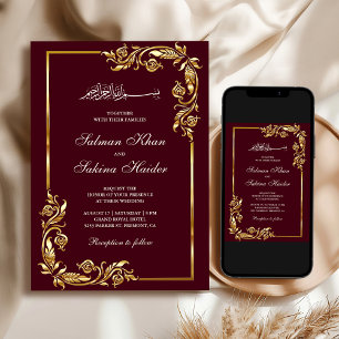 Invitación Boda Islámica con Borde Floral Dorado Burdeos
