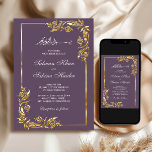 Invitación Boda Islámica con Borde Floral Dorado Púrpura Polv