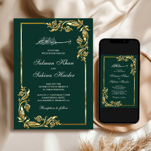 Invitación Boda Islámica con Borde Floral Dorado Verde Esmera