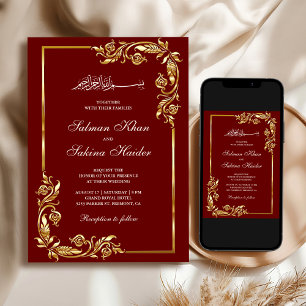 Invitación Boda Islámica con Borde Floral Rojo Granate Dorado