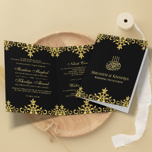 Invitación Boda Islámica con Damasco de Papel de Oro y Negro