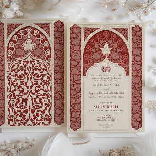 Invitación Boda Islámica de Encaje de Crema Rubí Lujosa