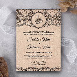 Invitación Boda Islámica de Encaje Negro Vintage sobre Arpill